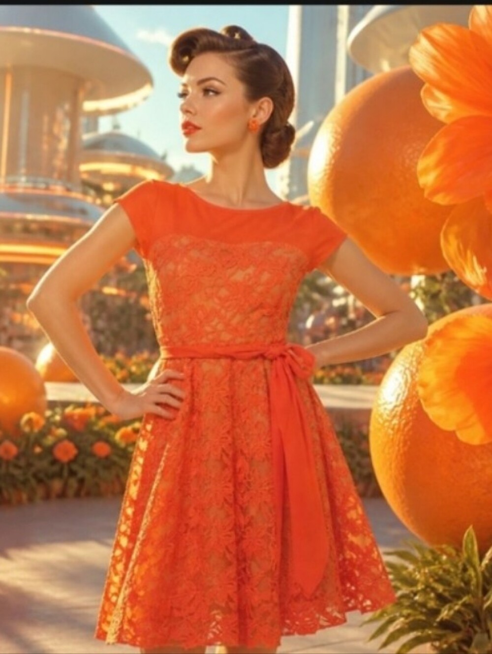 Danny & Nicole Orange Lace Fit-and-Flare Dress with Sash